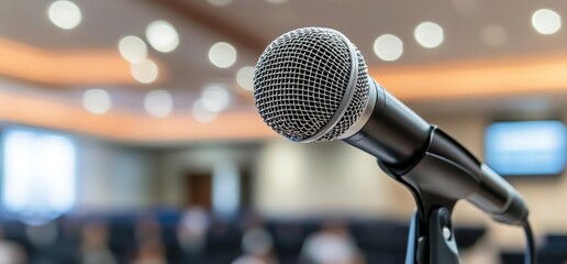 Close-Up of a Microphone with a Blurred Conference Background, Capturing the Essence of Public Speaking