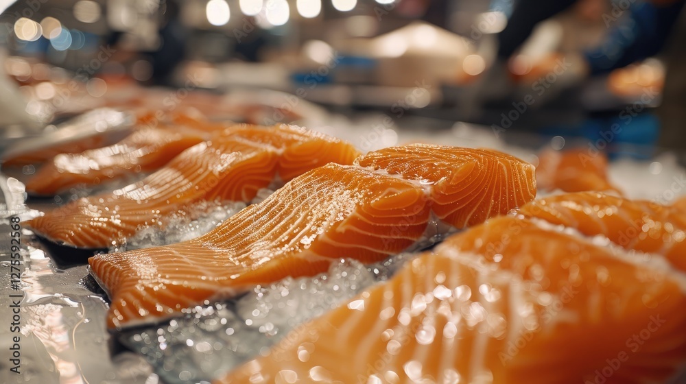 Poster fresh salmon fillets displayed on a silver counter with ice, vibrant orange colors, softly blurred b
