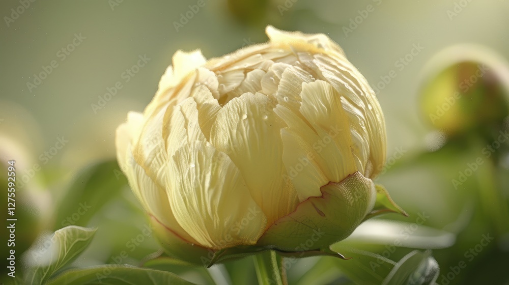 Aufkleber soft yellow peony bud surrounded by lush green foliage with a blurred background creating a peaceful