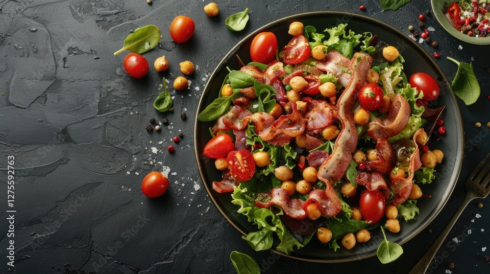 Poster salad with chickpeas bacon and cherry tomatoes on a black plate with dark textured background garnis