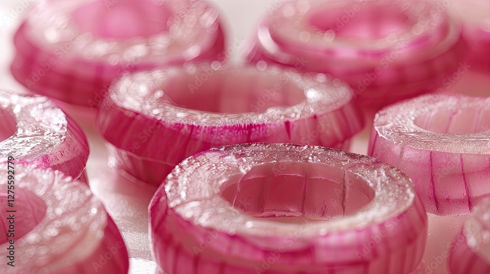 Poster close up of vibrant pink red onion rings arranged on a bright surface showcasing translucent layers 