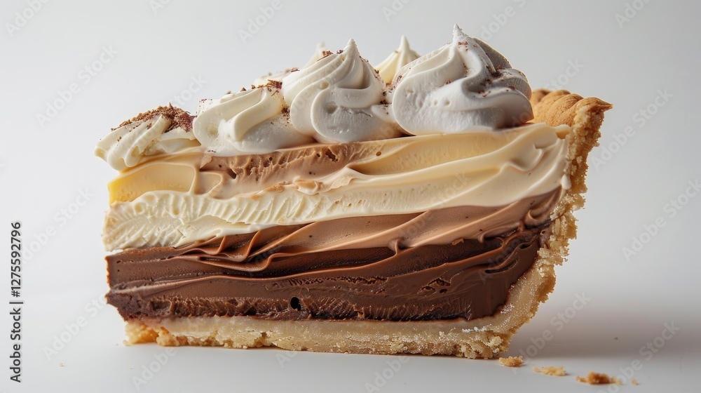 Poster layered ice cream pie with creamy chocolate, vanilla, and mocha fillings in a golden crust showcased