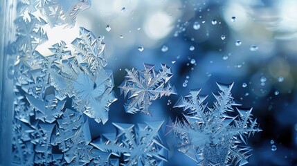 Intricate frost patterns on a window pane with blue background and soft bokeh effect, showcasing delicate snowflakes and water droplets.