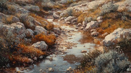 Serene Stream in Rocky Terrain: A Summer's Day Painting