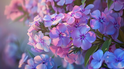 Fototapeta premium Beautiful clusters of pink and lavender phlox flowers against a soft pastel background with green leaves in a tranquil garden setting.
