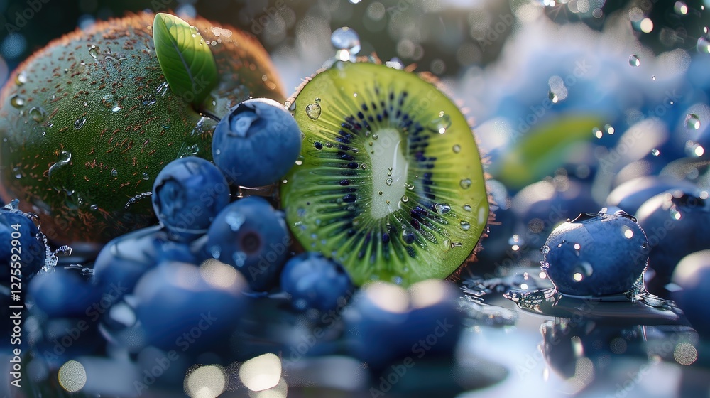 Poster Fresh kiwi slice with blueberries in vibrant colors surrounded by water droplets creating a refreshing fruit composition on a blurred background.