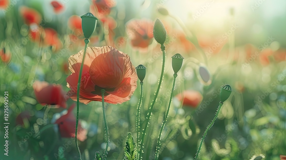 Aufkleber Vibrant red poppy flowers accentuated in a soft focus field with green stems and buds basking in warm sunlight creating an ethereal atmosphere