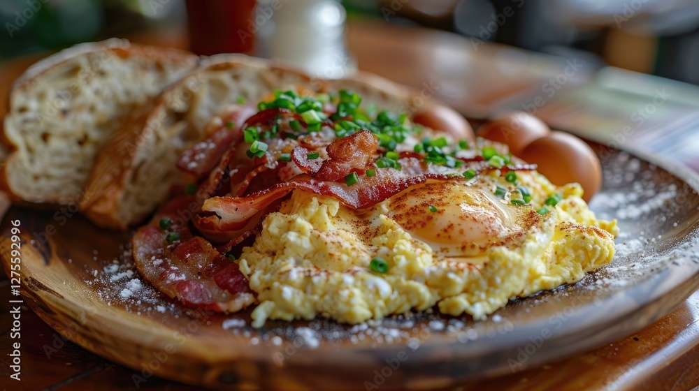 Poster breakfast plate featuring scrambled eggs with crispy bacon and toasted sourdough slices, adorned wit