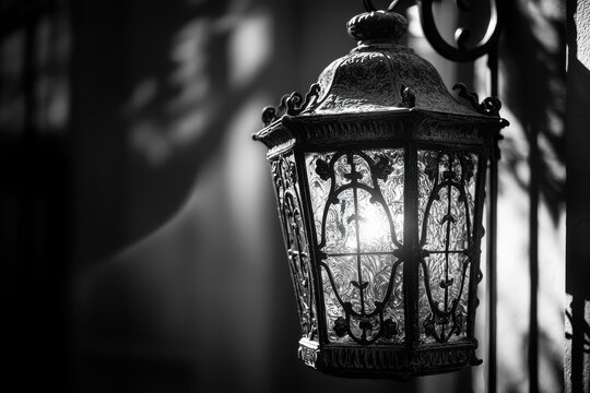 Close-up of an ornate, vintage lantern with intricate metalwork design, casting shadows in black and white, creating a timeless atmosphere and architectural detail.