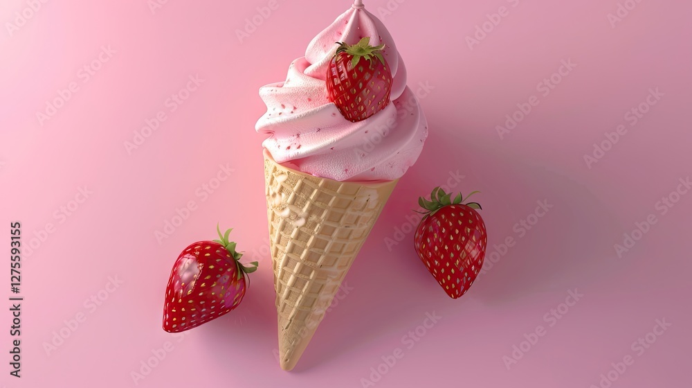Aufkleber strawberry ice cream cone with pink swirls topped with fresh strawberries on a soft pink background 