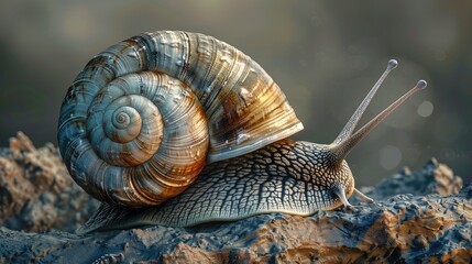 Detailed close-up of a textured snail featuring a spiraled shell in shades of brown and tan, positioned on a rocky surface against a blurred background.