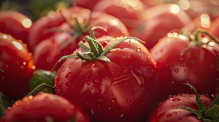 Close up of vibrant red Amish paste tomatoes with droplets reflecting light, positioned centrally on a blurred green background.