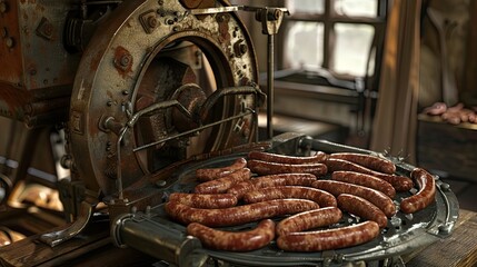 Antique sausage maker with metal gears and bellows in a rustic kitchen setting, arranged sausages on a table, warm earthy tones.