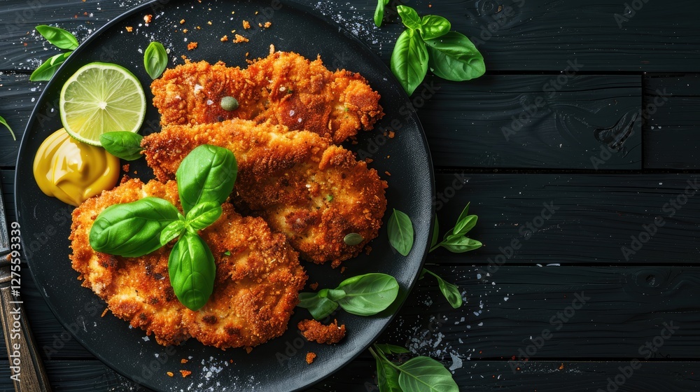 Poster crispy golden fried chicken fillets on a black plate garnished with fresh basil and lime slices on a