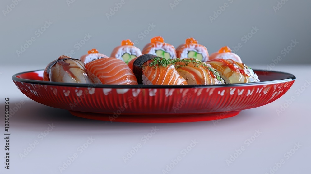 Poster sushi platter showcasing colorful sushi rolls on a vibrant circular red dish with a sleek white back