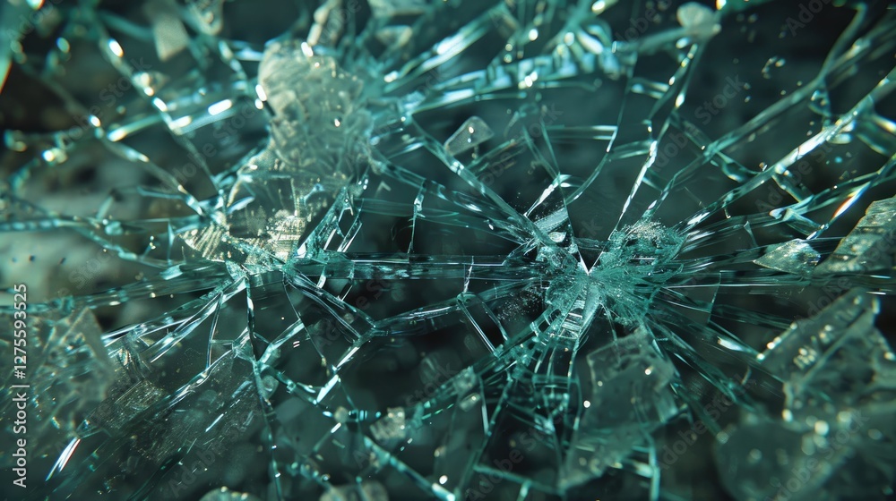Aufkleber abstract close-up of shattered glass with sharp, jagged edges in teal hues, set against a dark backg