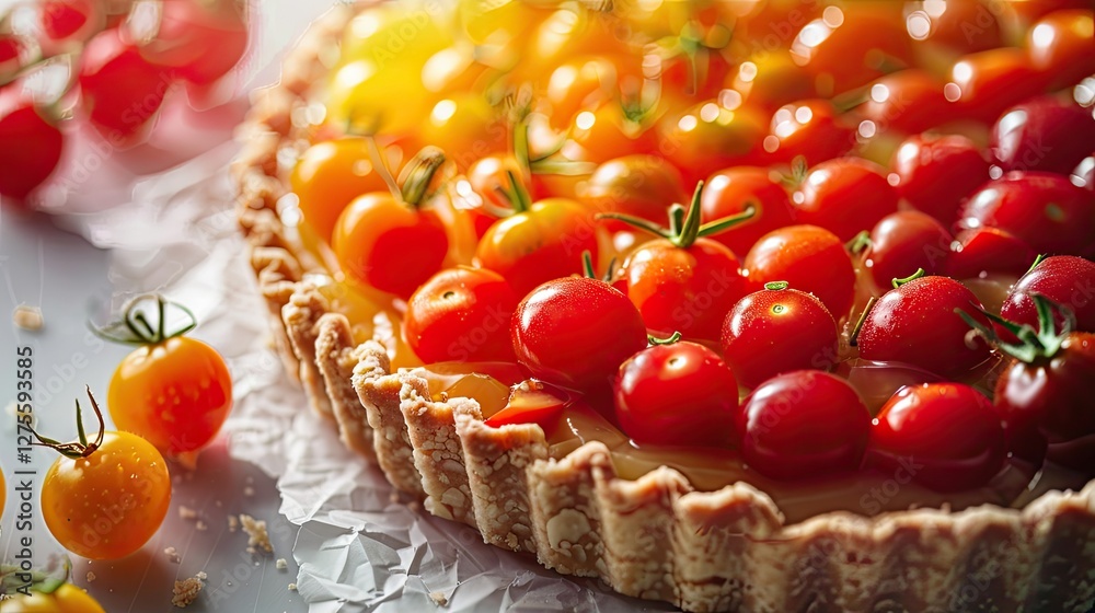 Poster Vibrant cherry tomato tart featuring a range of red and yellow tomatoes arranged in a circular pattern atop a golden-brown crust with a soft background.