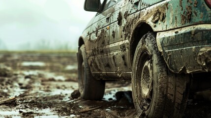 Obraz premium Dirty car covered in mud parked on a damaged road with visible dirt and grime on dark green paint and muddy tires in a foggy environment.