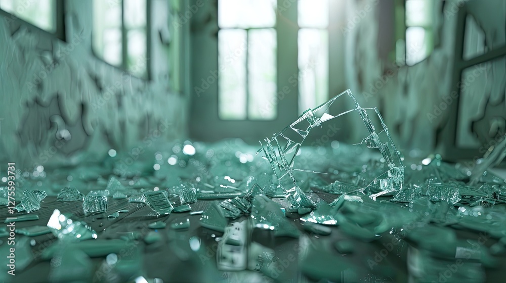 Poster scattered shards of clear glass on a dimly lit wooden floor with soft green hues and sunlight illumi