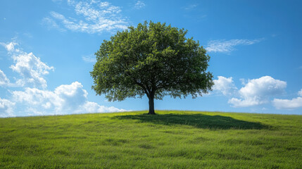 Obraz premium solitary tree stands majestically on grassy hill under bright blue sky