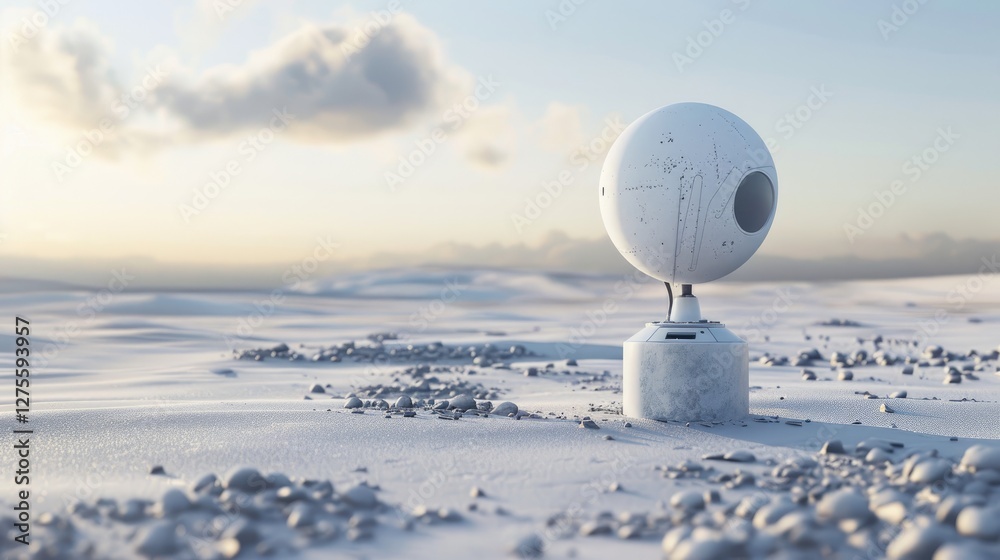 Aufkleber futuristic meteorological station on a white spherical base amidst a snowy landscape under a soft su