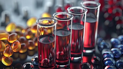 Four laboratory test tubes filled with vibrant red liquid arranged vertically, surrounded by colorful glass beads in shades of amber and blue.