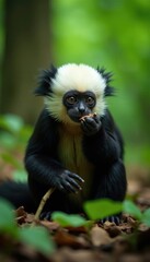 Obraz premium White headed capuchin foraging in forest undergrowth, capuchin, forest floor