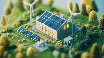minimal isometric icon of hybrid renewable energy system with solar panels and wind turbines
