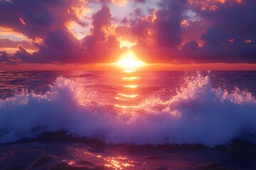 Naklejka premium Dramatic Ocean Sunset with Vibrant Colors and Crashing Waves for Inspirational Design