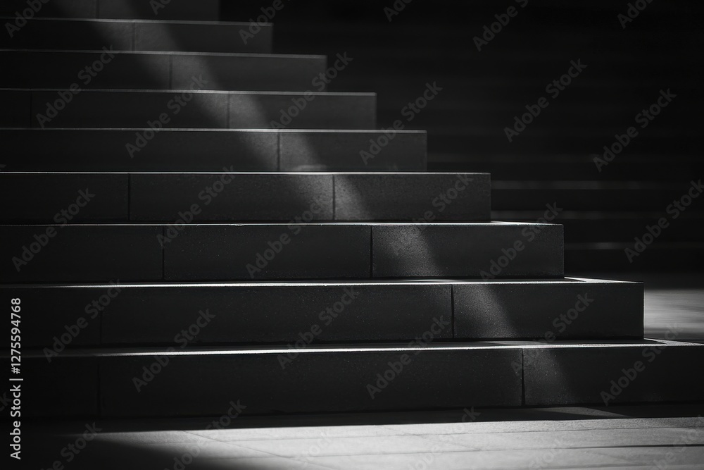 Poster a monochromatic scene capturing the geometric lines and shadows on a staircase, highlighting the int