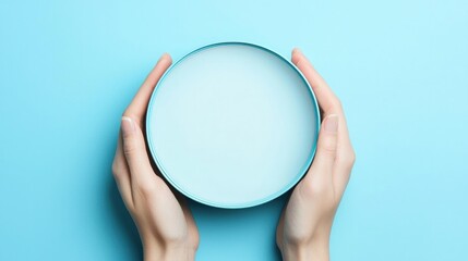 Woman s Hands Hold Round Light Blue Bowl of Cream Skincare Product