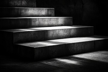 A striking black and white image showcases concrete steps illuminated by sunlight, creating a dramatic interplay of light and shadow, emphasizing texture and form.
