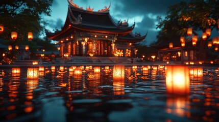 Fototapeta premium Night lanterns floating, temple, water, Asian festival