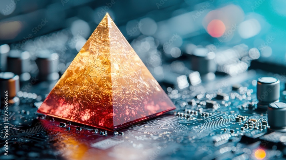 Poster Golden Pyramid on Circuit Board Technology Abstract Image