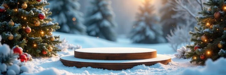 Fototapeta premium Wooden podium in the snow with festive garlands, stage, snow, podium