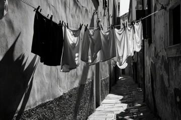 Naklejka premium A monochromatic view of a narrow street adorned with drying clothes, evoking a sense of timeless simplicity and daily life in a historical european town.