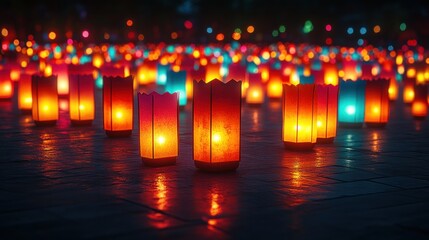 Night, plaza, colorful lanterns, glowing, remembrance