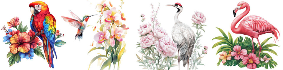 Fototapeta premium png set Watercolor illustrations of exotic and rare birds in a realistic artistic style