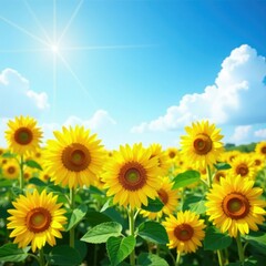 Fototapeta premium Yellow sunflower fields in a serene blue landscape, peaceful, sunny