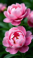Fototapeta premium Close up of elegant pink peonies in full bloom with soft green foliage, blooming, garden