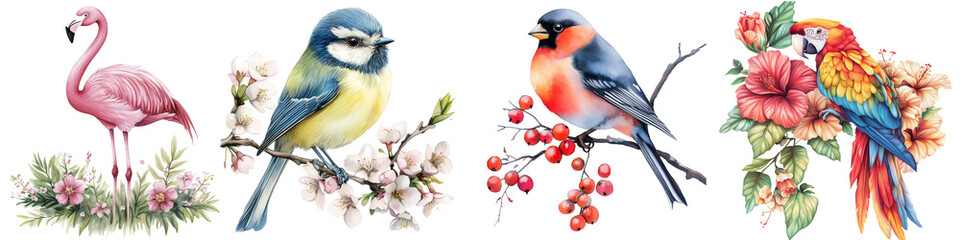 Fototapeta premium png set Watercolor illustrations of exotic and rare birds in a realistic artistic style