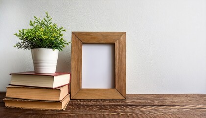 Vintagestyle wooden picture frame showcasing a floral arrangement amidst a charming stack of books and aged wooden desk, exuding warmth and rustic charm.