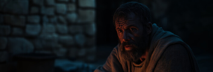 Fototapeta premium Portray Peter sitting in the darkened courtyard, his face caught in the flickering firelight as he denies knowing Jesus
