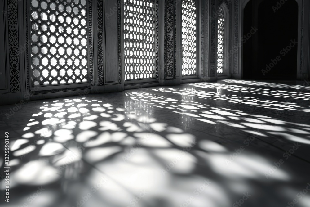 Poster monochrome architectural image showcasing light patterns created by sunlight filtering through latti
