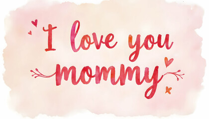 "I love you mommy" in pink watercolor with heart accents, perfect for Mother's Day cards, family blogs, or expressing love and affection for mothers.