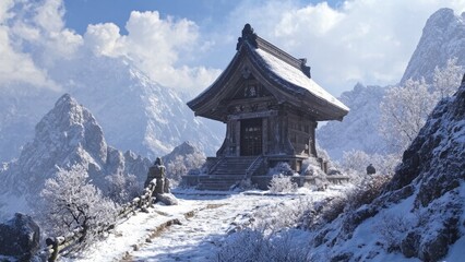 mountain shrine in the snow