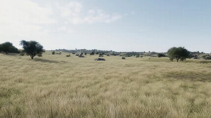 Stunning Expansive Grassy Plains Under a Clear Sky. A Breathtaking Countryside View