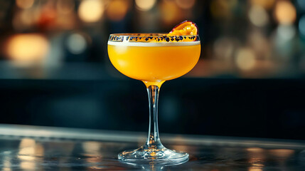 Bright passion fruit juice in a cocktail glass