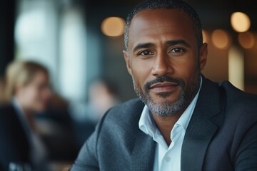 Fototapeta premium Confident man in a gray suit sits at a table in a busy urban cafe during midday hours