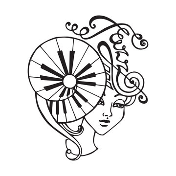 Beautiful woman face with musical instruments in jazz style, hand drawn vector illustration, black isolated on white background